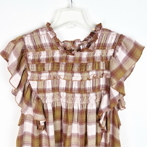 Free People Not Your Average Girl Plaid Top Ruffle Babydoll Medium Boho Cottage - Picture 3 of 12
